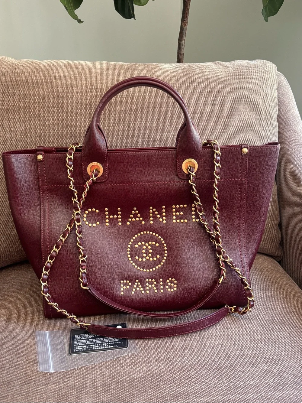 Authentic CHANEL deauville studded caviar leather burgundy tote